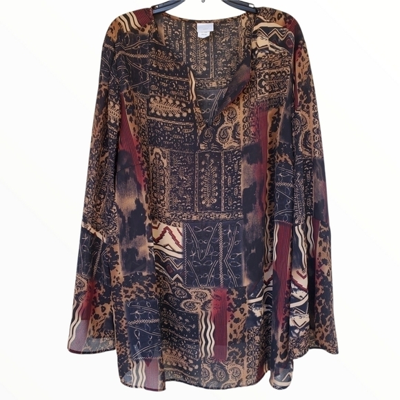 Studio C Tops - Studio C Plus sz 26 / 28 Tribal print sheer bell sleeve Earthy tones tunic